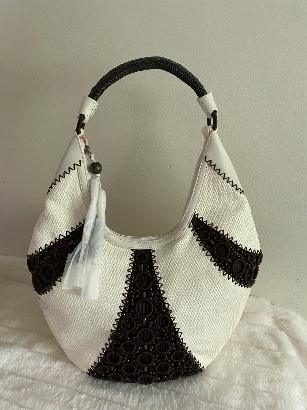 Cole Haan Alyssa Bead Hobo Bag In White Woven Straw & Brown Embellished Beading